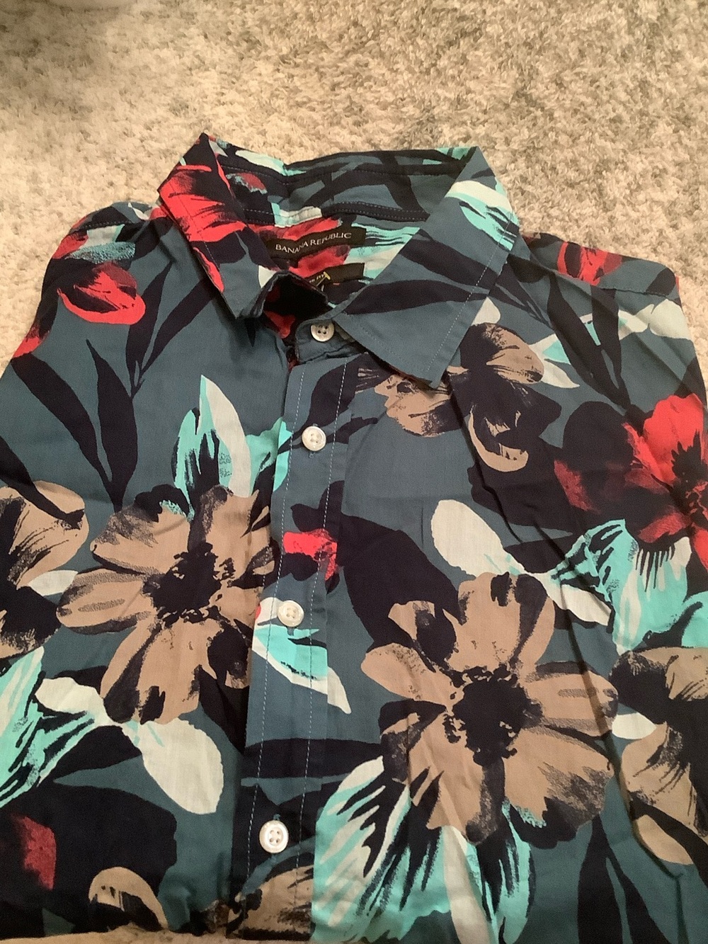 Banana Republic Tropical Red Teal Floral Dress Shirt Size L slim fit NWT Cotton - Picture 13 of 14